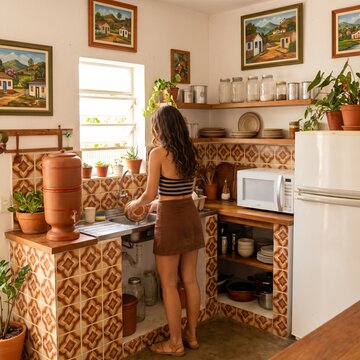 Mulher lavando lou&ccedil;a em casa brasileira