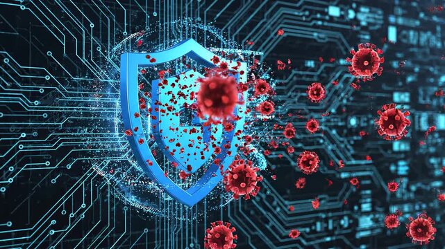 Digital shield protecting against cyber threats and viruses on a circuit board background