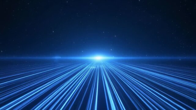 Blue light streaks receding into darkness with lens flare during a digital journey concept