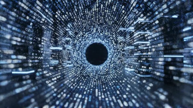 Digital tunnel vortex motion with glowing blue lights and data streams accelerating forward in a futuristic sci-fi concept