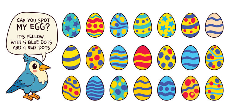 Colorful visual puzzle for kids. Use the clue to spot the correct egg - yellow with 5 blue dots and 4 red dots. Fun attention and logic worksheet for class or home. Find the Match.