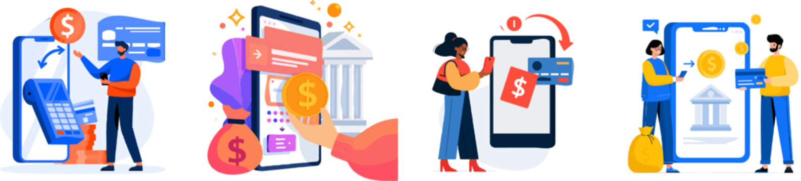 A vibrant flat vector illustration depicts a user transferring funds from an e-wallet balance to a personal bank account, with colorful elements and a white background