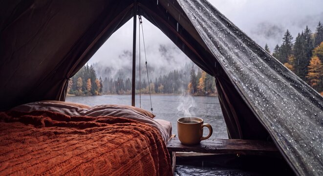 Cozy autumn camping adventure and rainy day relaxation featuring a steaming mug on a ledge and bed inside a tent looking out at a misty lake and pine forest