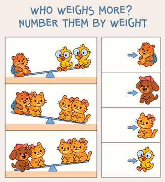 Kids logic puzzle. Duckling, puppy, hamster and kitten on seesaws. Use comparisons to deduce who is heaviest and who is lightest. Printable worksheet for ordering by weight.