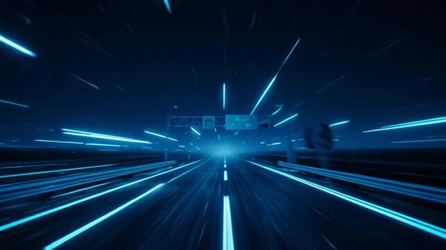 Blue neon light streaks accelerate through a dark tunnel with a futuristic perspective
