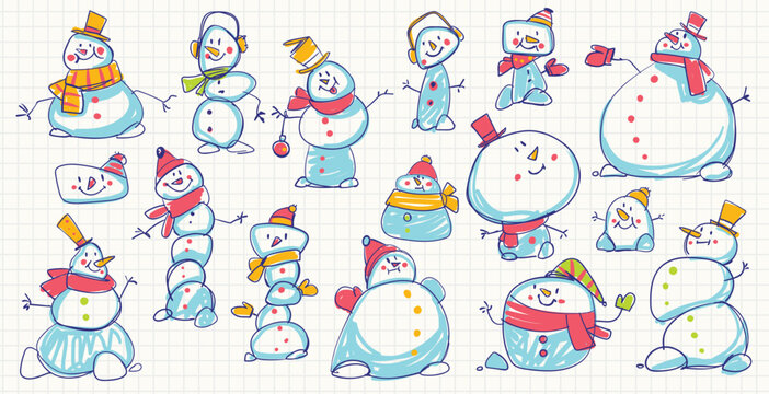 Cute doodle snowmen collection in colorful hats and scarves. Funny winter characters drawn on grid paper. Hand-drawn Christmas illustration for kids and festive decoration design. Seamless pattern