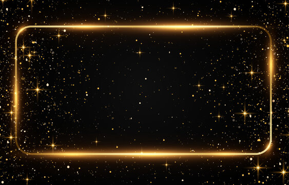 Vector luxury gold frame with glowing light particles. Glowing borders and magical fairy dust effect. Vector design isolated on transparent black background.