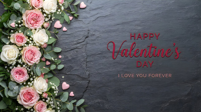 Beautiful pink and white roses on a dark wooden background for a happy valentines day greeting