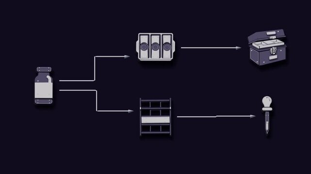 Sample intake splits into two handling branches, each carrying specimens through receipt, rack placement and sealed cold storage before the run begins. Flat 3D style with smooth matte surfaces.