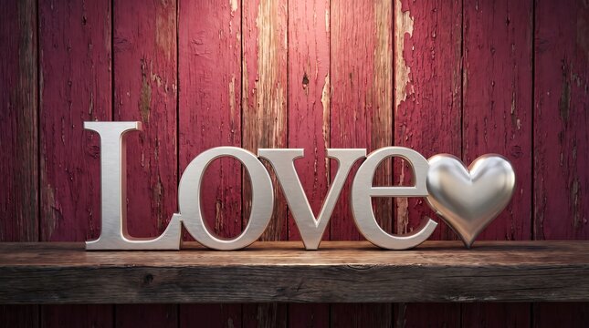 Silver metallic letters spelling the word love with a heart symbol on a weathered wooden shelf