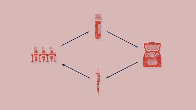 Pooled material is centrifuged, divided into aliquots and retained for later assays, with the workflow arranged as a circuit returning to its starting point. Flat 3D style with a grainy pigment