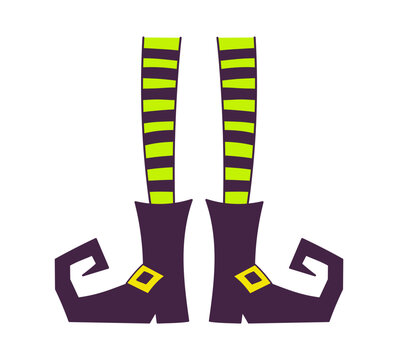 Legs in black witch boots, green striped stockings illustration isolated. Halloween costume, holiday symbol, banner, party invite design element, clip art. Hand drawn vector, line drawing