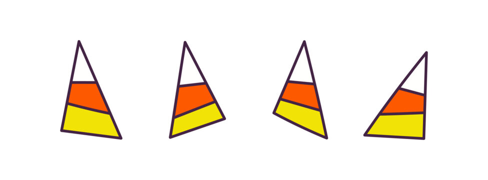 Halloween candy corn illustration isolated set. Trick or treat traditional triangular candy, sweet food. Holiday symbol, banner, party invite design element, clip art collection. Hand drawn vector