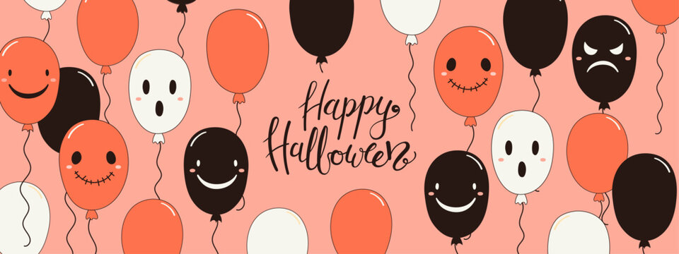 Cute flying balloons with spooky faces, orange, black, white balloons illustration. Halloween banner, party invite design with holiday decorations. Hand drawn vector, line drawing