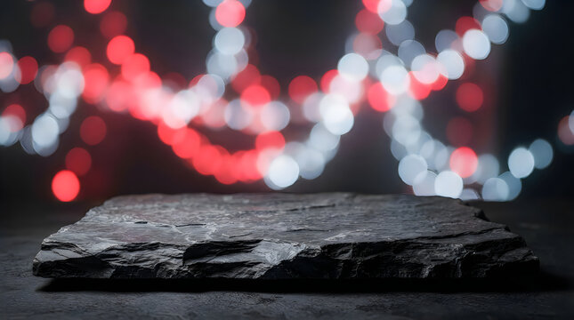 Empty stone platform for product display with festive blurred colorful bokeh lights in background
