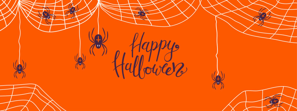 Cute black spiders crawling, hanging, white web, cobwebs Happy Halloween lettering illustration. Holiday banner, party invite design. Hand drawn vector. Spooky decorative graphic elements