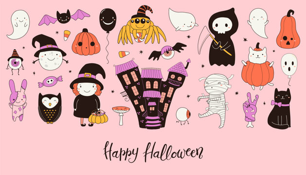 Cute Halloween characters, things illustration, jack o lantern, witch, mummy, death, kawaii animal, ghost, monster, haunted house, candy, balloon, zombie hand. Holiday banner design. Hand drawn vector
