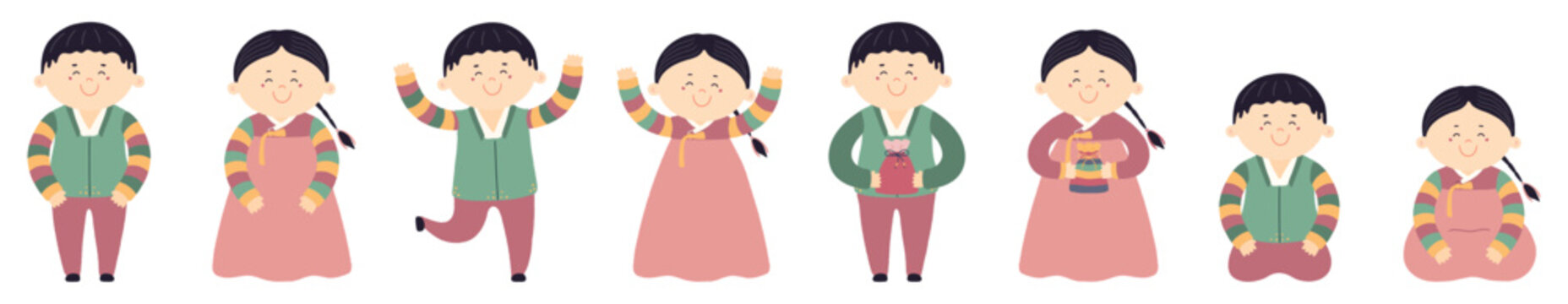 Cute girl, boy in traditional Korean hanbok illustration isolated set. Cartoon characters. Lunar New Year Seollal, Mid Autumn Festival Chuseok design element, clip art collection. Hand drawn vector