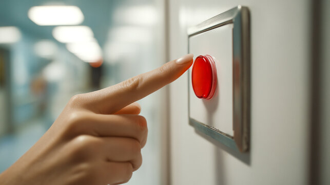 A close up of a female hand with a finger about to press a round red emergency alarm or nurse call button on a white wall inside a blurry hospital corridor background.