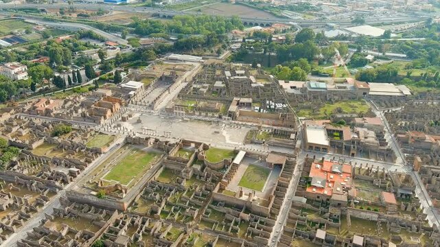 Pompeii, Italy. Pompeii is a large ancient Roman city, now a large-scale archaeological complex. General view from above. Drone footage, Point of interest