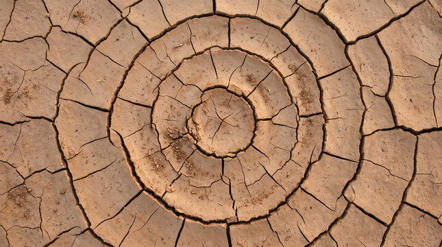 Dry cracked earth background with concentric circular crack pattern top view global warming and drought concept with copy space