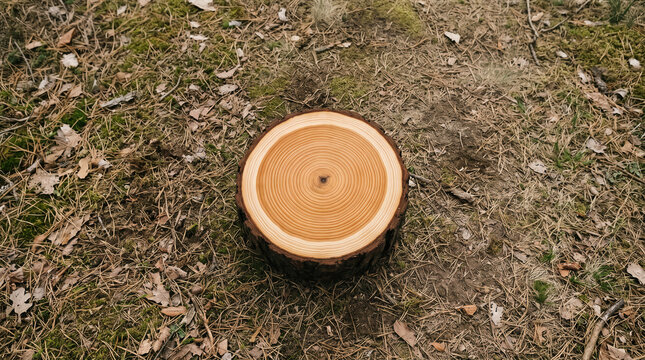 Wooden log stump cross section with tree rings on forest ground top view product display podium with copy space