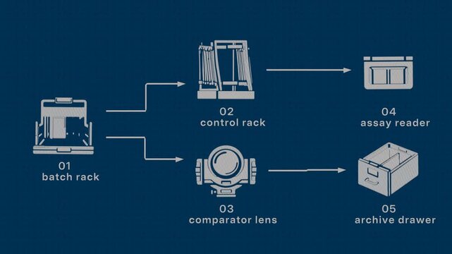 Batch and control racks undergo comparative assay readings before archival retention as a paired set, following a sequence that reverses direction in the second row. Flat 3D style drawn over in pen