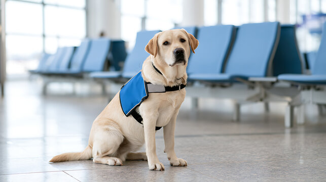 A dedicated service dog, Canis lupus familiaris, wearing a blue vest, sit patient inside a modern public terminal waiting hall interior