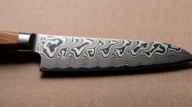 Sharp kitchen knife with wavy damascus steel blade and wood handle rests on brown textured background. Precise cutting tool for pro chefs and home cooks.