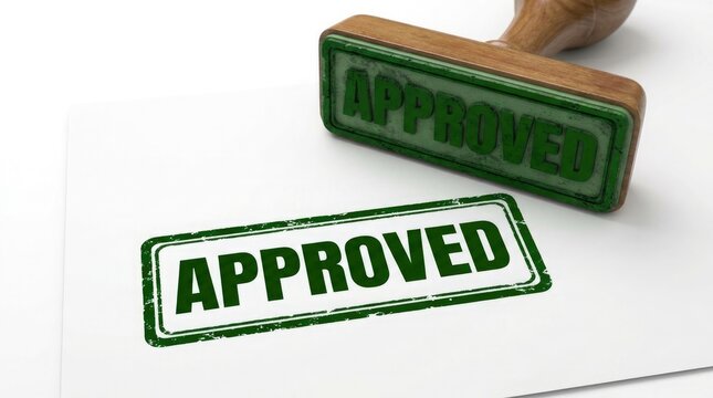 Green approved stamp pressed onto white paper symbolizing acceptance and positive confirmation of a document