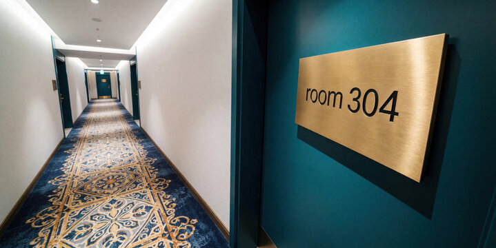 Hotel hallway with ornate carpet leads to room 304, indicated by a brass plaque on a teal door. Modern interior design features clean lines and warm lighting.