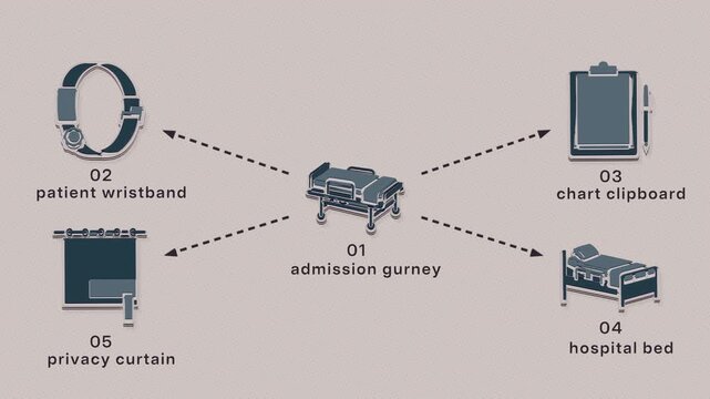 Admission handoff links patient identification, chart preparation, bed assignment and privacy arrangements through coordinated intake. Flat 3D style with a halftone dot screen; objects numbered and