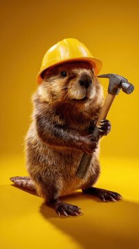 Cute Beaver Construction Worker Wearing Hard Hat and Holding Hammer