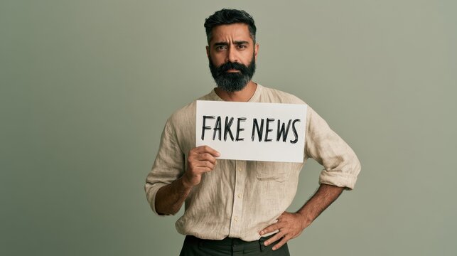 Serious Bearded Man Holding Fake News Sign Against Plain Background