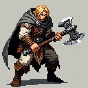 Pixel art fantasy warrior with blond hair and cape wields a double-headed axe. Fierce fighter ready for battle, digital game asset for medieval adventures.