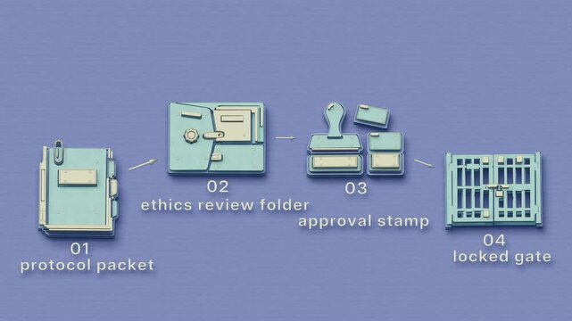 A draft clinical trial protocol moves through preparation, ethics review, authorization and filing along a marked route toward permission to begin. Flat 3D style with smooth matte surfaces; objects