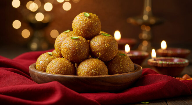 Traditional Indian besan ladoo sweets, festive sweet dessert balls concept