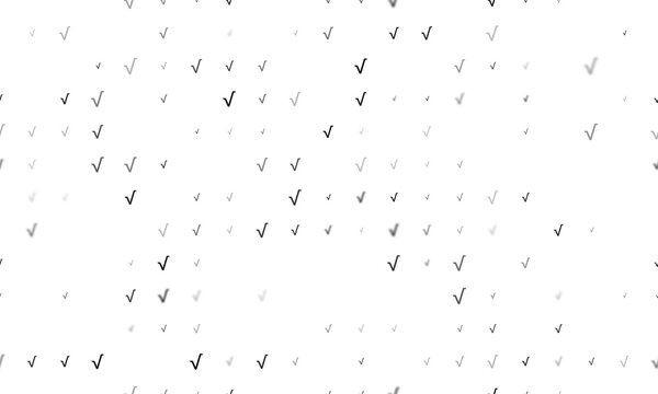 Seamless background pattern of evenly spaced black square root symbols of different sizes and opacity. Illustration on transparent background