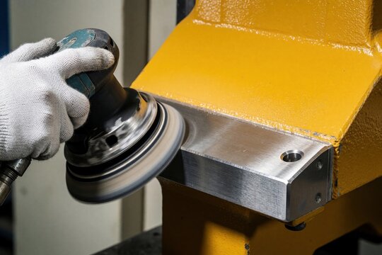 Worker polishes yellow industrial part with orbital sander. Hand in glove smooths metal surface for precision machinery. Factory process involves detail work.