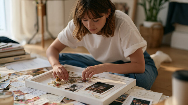 A teenage girl arranges dried flowers and photograph prints inside a handmade memory shadow box on her bedroom floor, layering ticket stubs, handwritten notes, and friendship