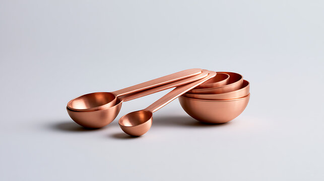 Minimalist copper measuring spoons and cups set arranged gracefully on a clean light gray surface, ideal for culinary and recipe projects