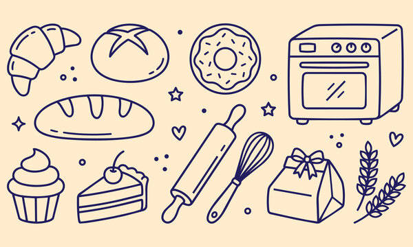 Set of hand drawn bakery bread items including croissant loaf donut cupcake cake slice oven rolling pin whisk and takeaway box fresh homemade baking doodle vector illustration on cream background