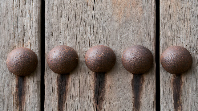 Close-up view of five round iron metal studs aligned in a row on an old weathered wooden surface with rich texture and vintage industrial feel