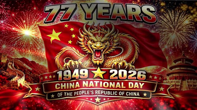Chinese dragon with flag and fireworks celebrating 77 years of China National Day 1949-2026 a patriotic concept for celebrations and events, only for commercial uses