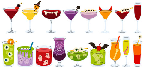 Obraz premium Set of spooky Halloween cocktails and drinks with decorations like eyeballs, skulls, ghost figures, spider webs, pumpkin and vampire teeth isolated on white background hand drawn vector illustration