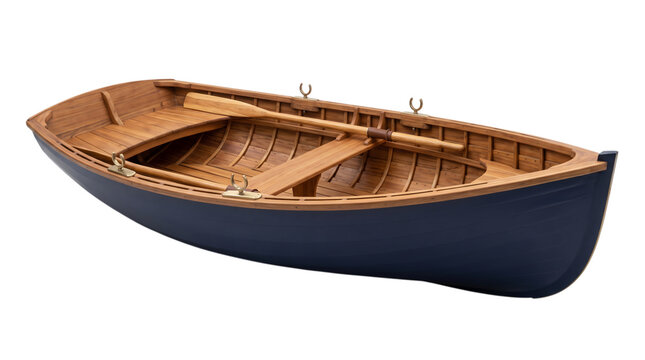 Classic wooden rowboat with oars and navyblue hull transparent background