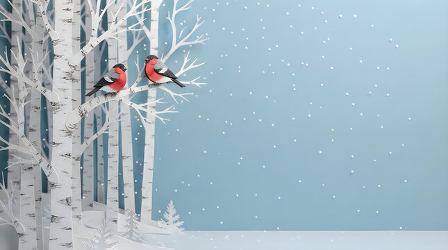 Two cute bullfinch birds sitting on birch tree branches in a snowy winter forest scene