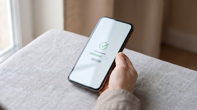 Smartphone displaying order confirmation screen with checkmark and loading progress bar, held by person wearing gray sweater, sitting on light-colored fabric sofa near window