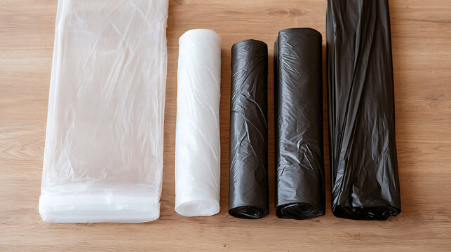 Rolls of black and white plastic garbage bags and sacks arranged neatly on a wooden floor surface for household waste disposal use