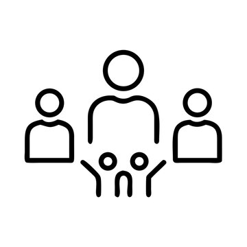 Community support icon with group figures in black line style.